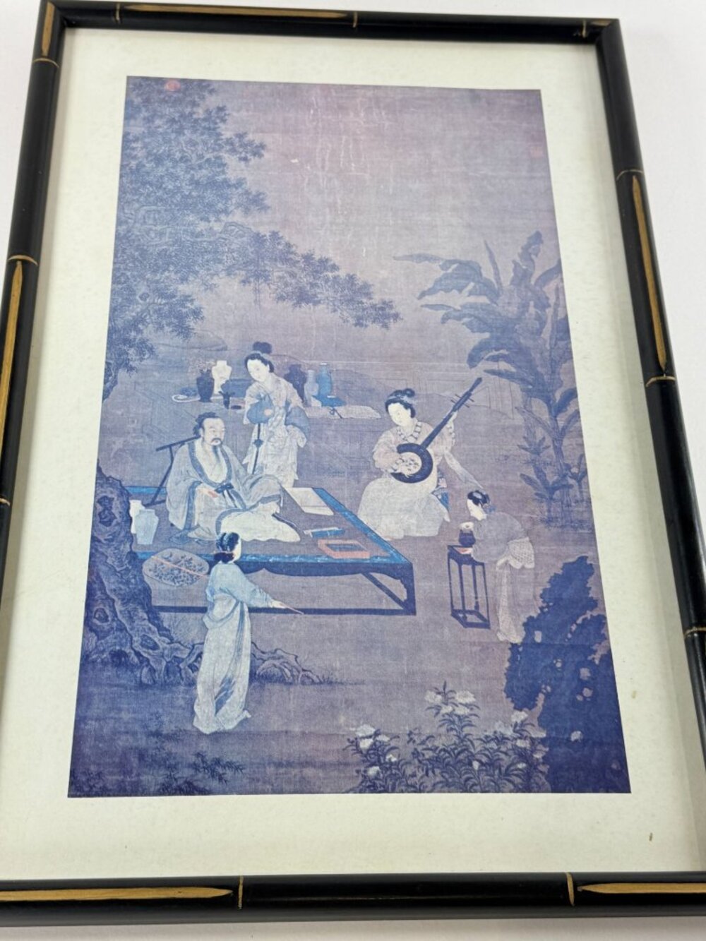 Vintage Japanese Print Listening to the Lute Bamboo Frame Wire Hanger MCM